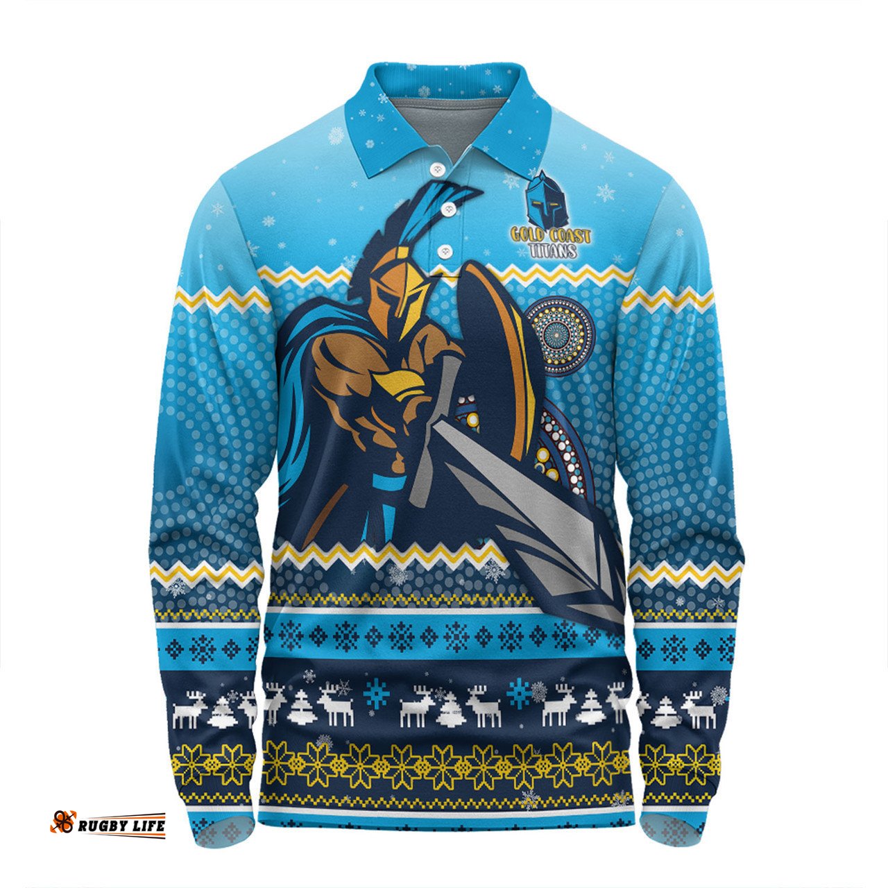 Gold Coast Titans Christmas Custom Long Sleeve Polo Shirt - Ugly Xmas And Aboriginal Patterns For Die Hard Fan Long Sleeve Polo Shirt