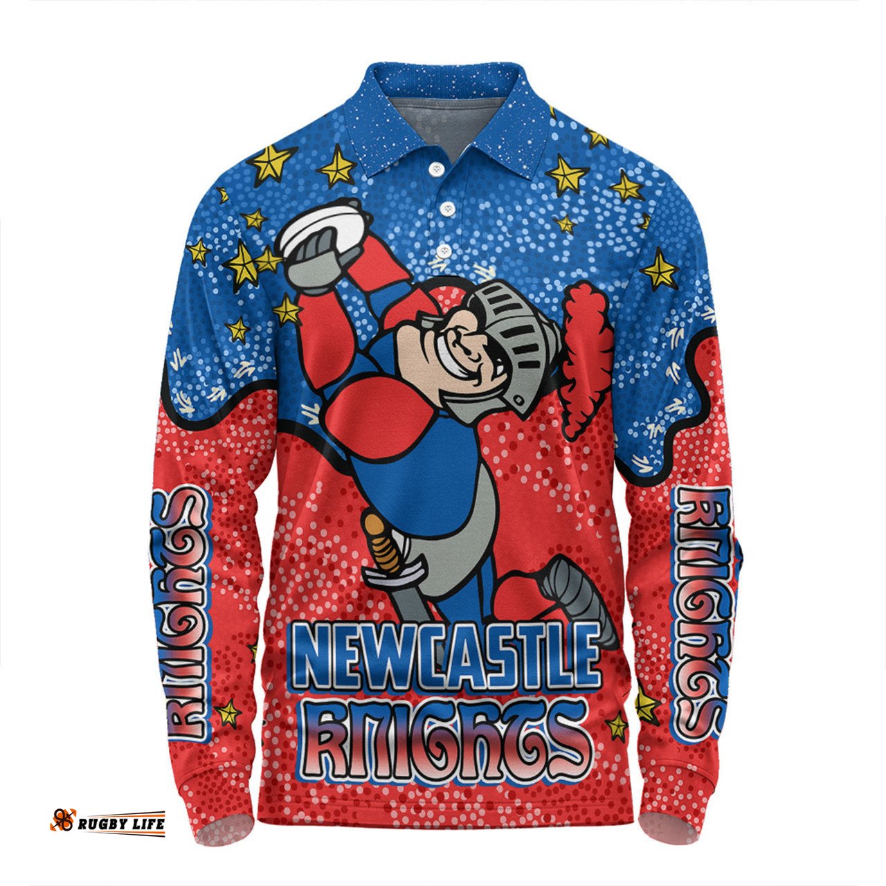 Newcastle Knights Custom Long Sleeve Polo Shirt - Team With Dot And Star Patterns For Tough Fan Long Sleeve Polo Shirt