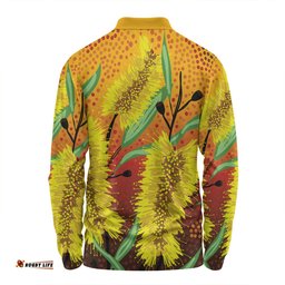 Australia Aboriginal Long Sleeve Polo Shirt - Aboriginal Art Of Yellow Bottle Brush Plant Long Sleeve Polo Shirt