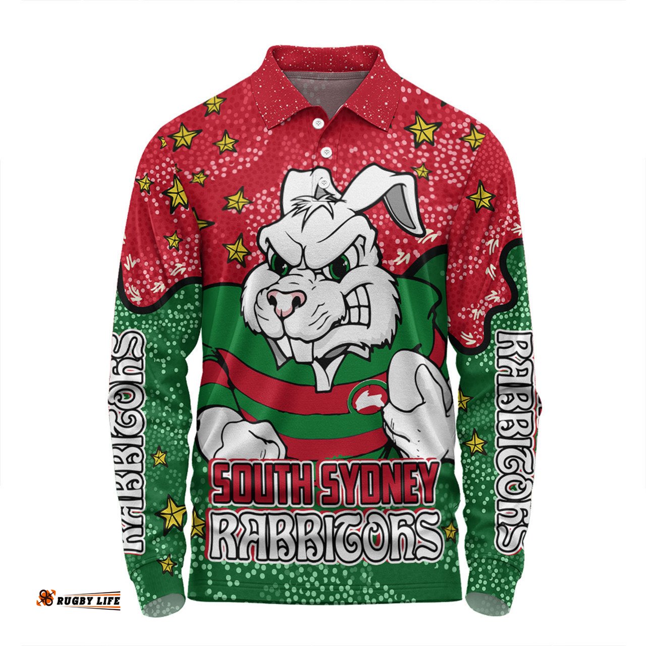 South Sydney Rabbitohs Long Sleeve Polo Shirt - Team With Dot And Star Patterns For Tough Fan Long Sleeve Polo Shirt