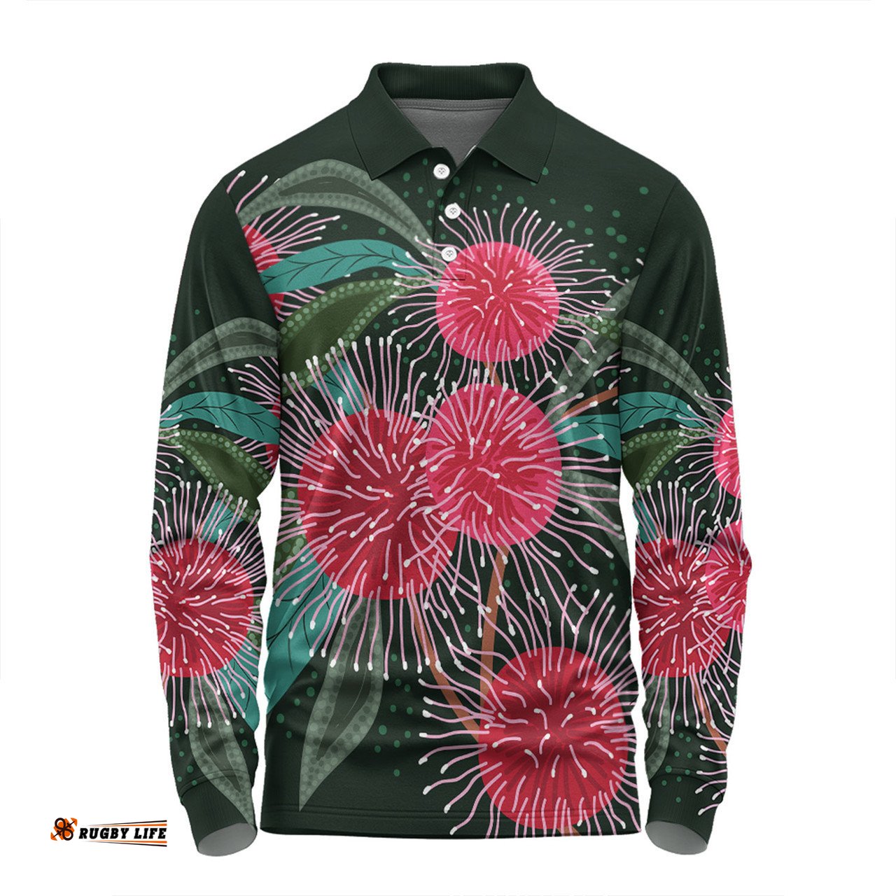 Australia Aboriginal Long Sleeve Polo Shirt - Australian Hakea Flowers Painting In Aboriginal Style Long Sleeve Polo Shirt