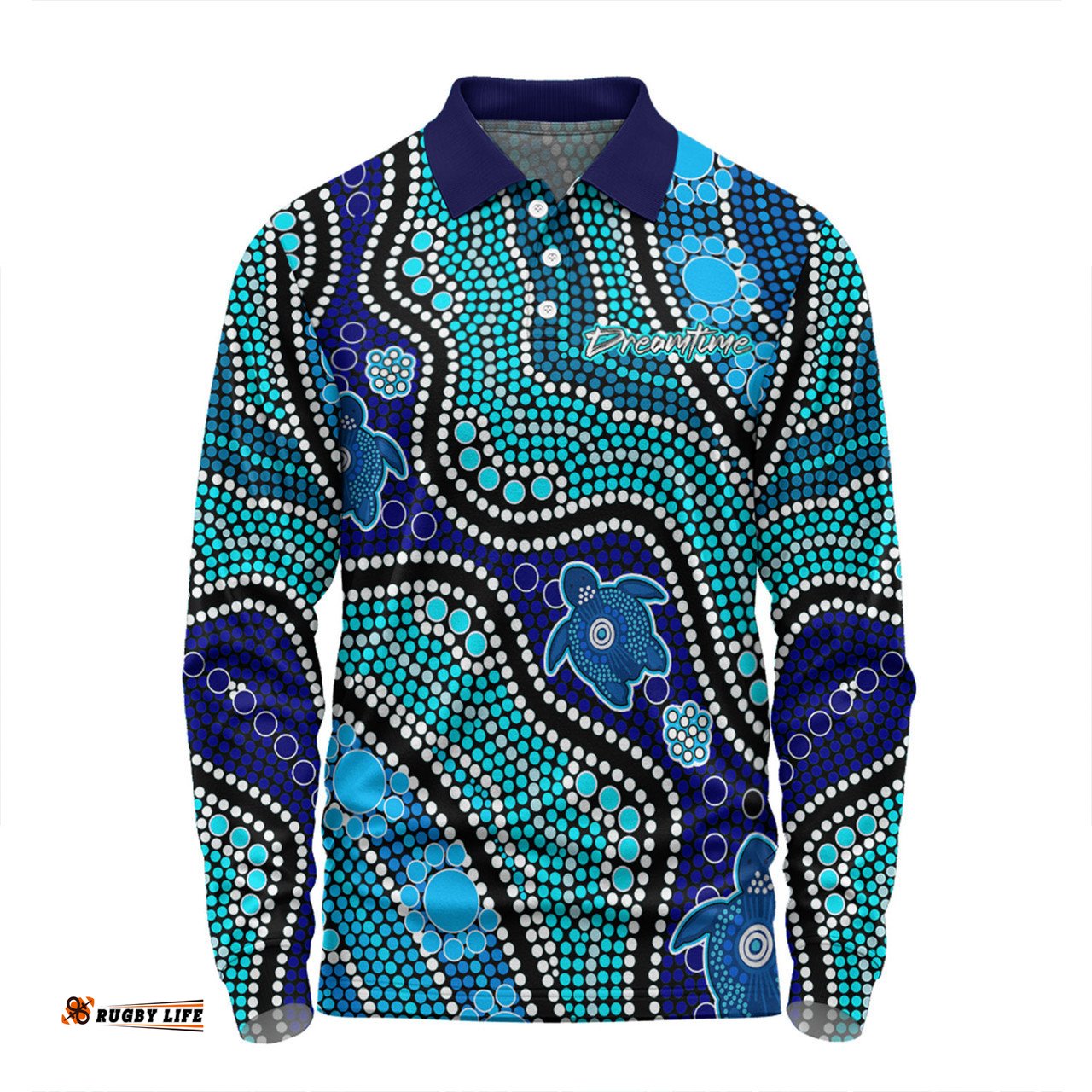 Australia Turtles Aboriginal Custom Long Sleeve Polo Shirt - Dreamtime River And Turtles Dot Art Painting Long Sleeve Polo Shirt