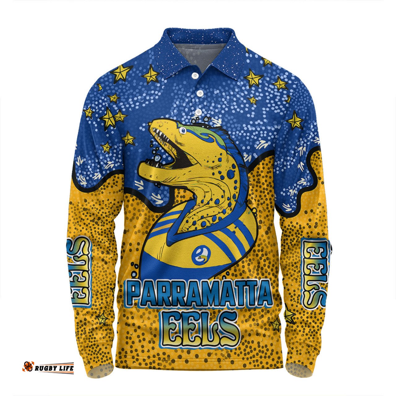 Parramatta Eels Custom Long Sleeve Polo Shirt - Team With Dot And Star Patterns For Tough Fan Long Sleeve Polo Shirt