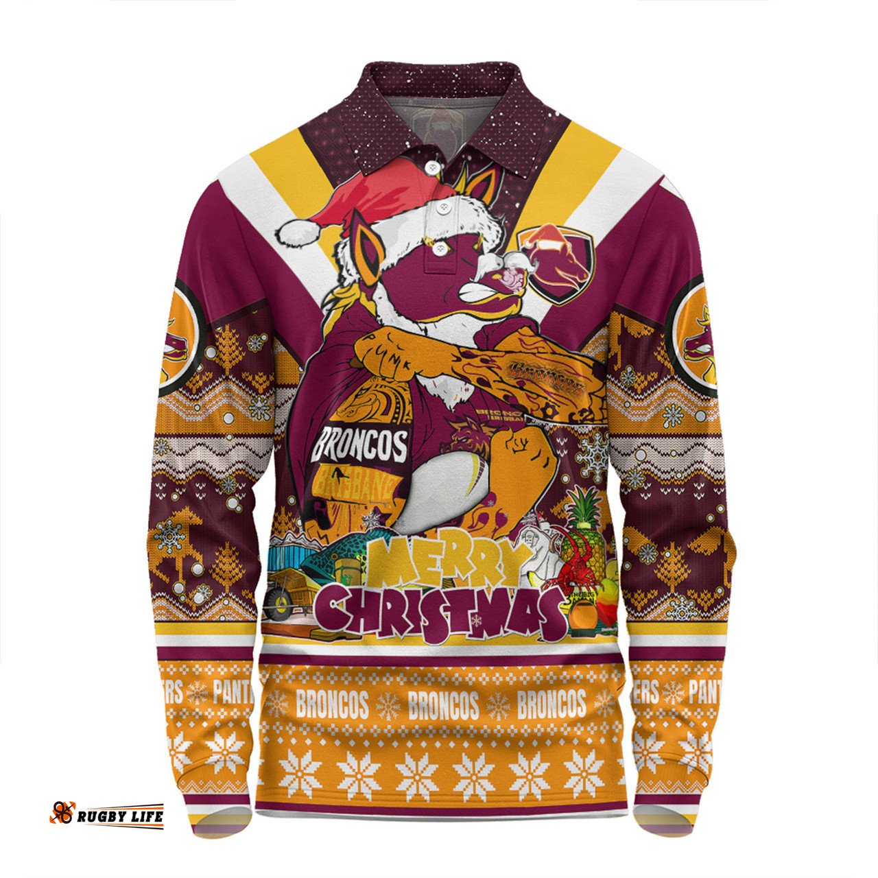 Brisbane Broncos Christmas Custom Long Sleeve Polo Shirt - Broncos Santa Aussie Big Things Christmas Long Sleeve Polo Shirt