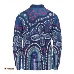 Australia Aboriginal Long Sleeve Polo Shirt - Dot painting illustration in Aboriginal style Blue Long Sleeve Polo Shirt