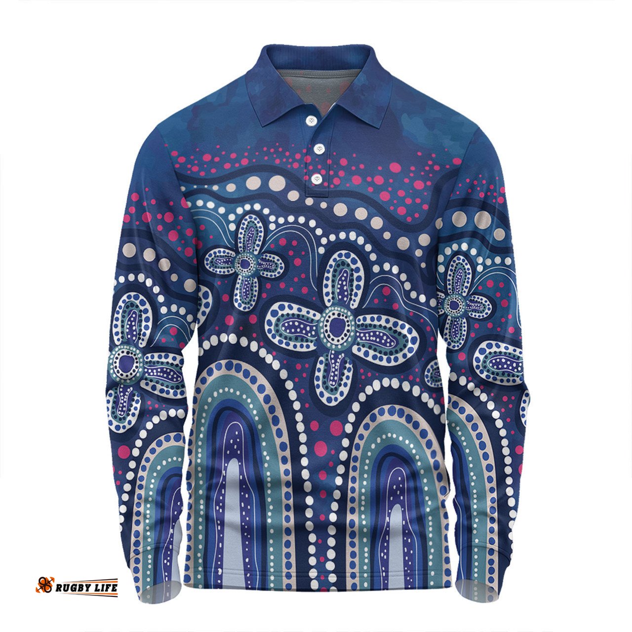 Australia Aboriginal Long Sleeve Polo Shirt - Dot painting illustration in Aboriginal style Blue Long Sleeve Polo Shirt