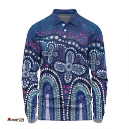 Australia Aboriginal Long Sleeve Polo Shirt - Dot painting illustration in Aboriginal style Blue Long Sleeve Polo Shirt