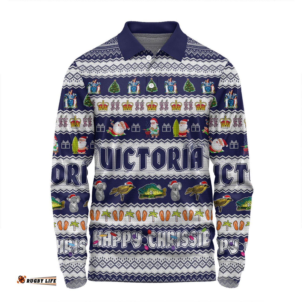 Victoria Christmas Custom Long Sleeve Polo Shirt - Happy Chrissie Ugly Style Long Sleeve Polo Shirt