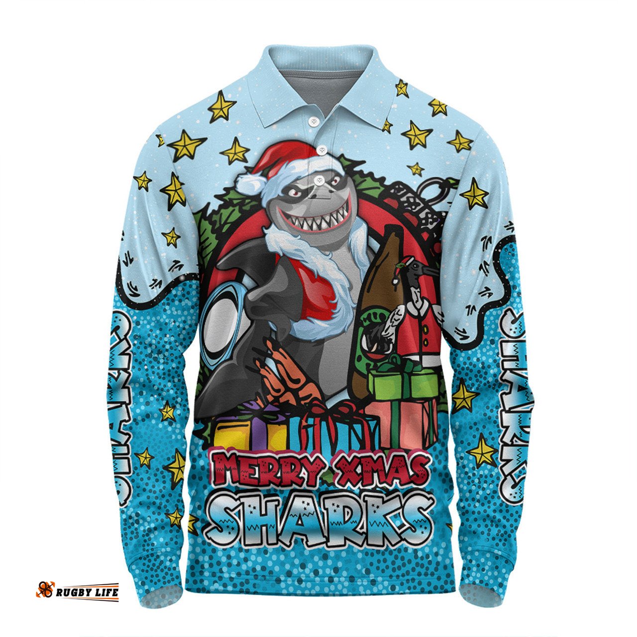 Cronulla-Sutherland Sharks Christmas Custom Long Sleeve Polo Shirt - Merry Christmas Our Beloved Team With Aboriginal Dot Art Pattern Long Sleeve Polo Shirt