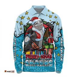 Cronulla-Sutherland Sharks Christmas Custom Long Sleeve Polo Shirt - Merry Christmas Our Beloved Team With Aboriginal Dot Art Pattern Long Sleeve Polo Shirt
