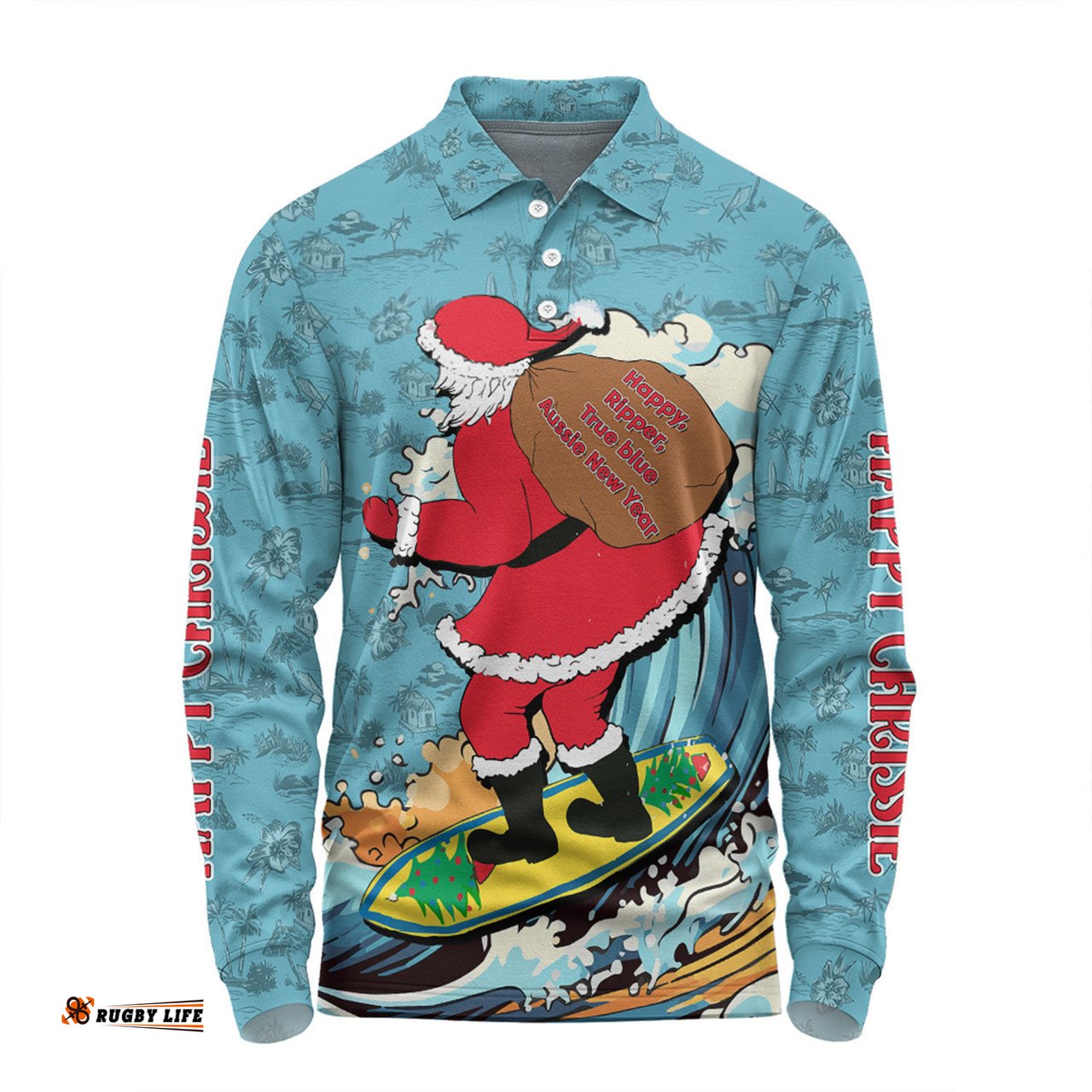 Australia Surfing Christmas Long Sleeve Polo Shirt - Santa Happy Chrissie Tropical Pattern Long Sleeve Polo Shirt