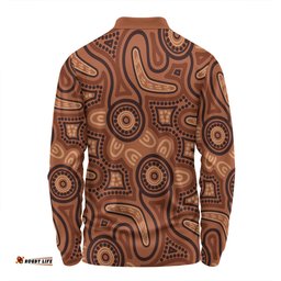 Australia Dot Painting Inspired Aboriginal Long Sleeve Polo Shirt - Brown Aboriginal Australian Art With Boomerang Long Sleeve Polo Shirt