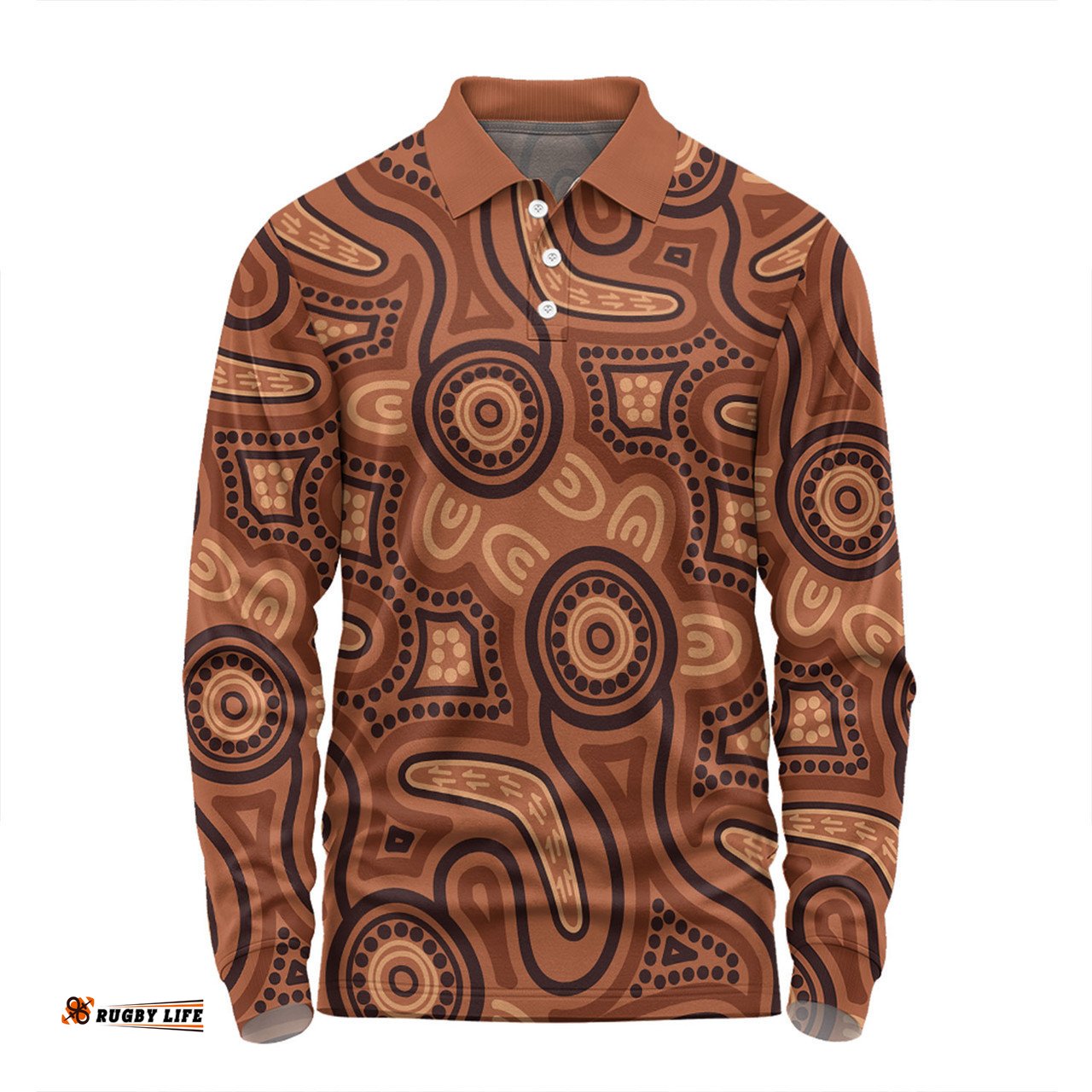 Australia Dot Painting Inspired Aboriginal Long Sleeve Polo Shirt - Brown Aboriginal Australian Art With Boomerang Long Sleeve Polo Shirt