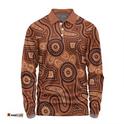 Australia Dot Painting Inspired Aboriginal Long Sleeve Polo Shirt - Brown Aboriginal Australian Art With Boomerang Long Sleeve Polo Shirt