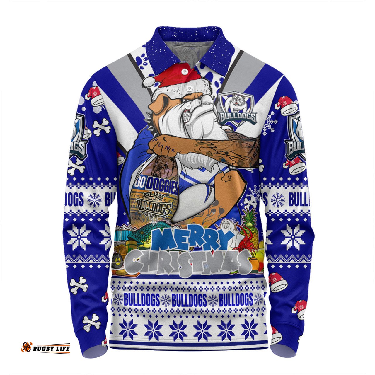 Canterbury-Bankstown Bulldogs Christmas Custom Long Sleeve Polo Shirt - Bulldogs Santa Aussie Big Things Long Sleeve Polo Shirt