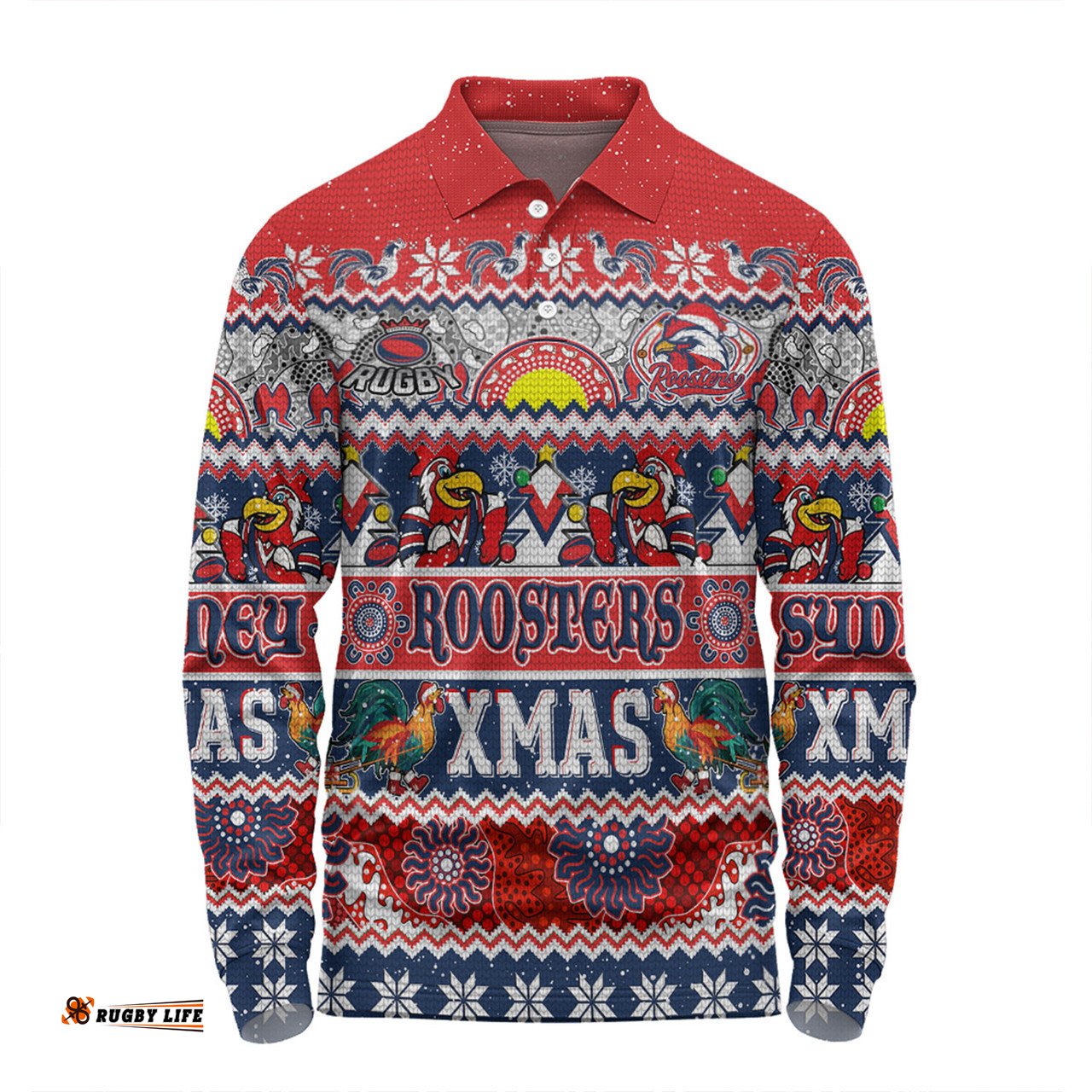 Sydney Roosters Christmas Aboriginal Custom Long Sleeve Polo Shirt - Indigenous Knitted Ugly Xmas Style Long Sleeve Polo Shirt