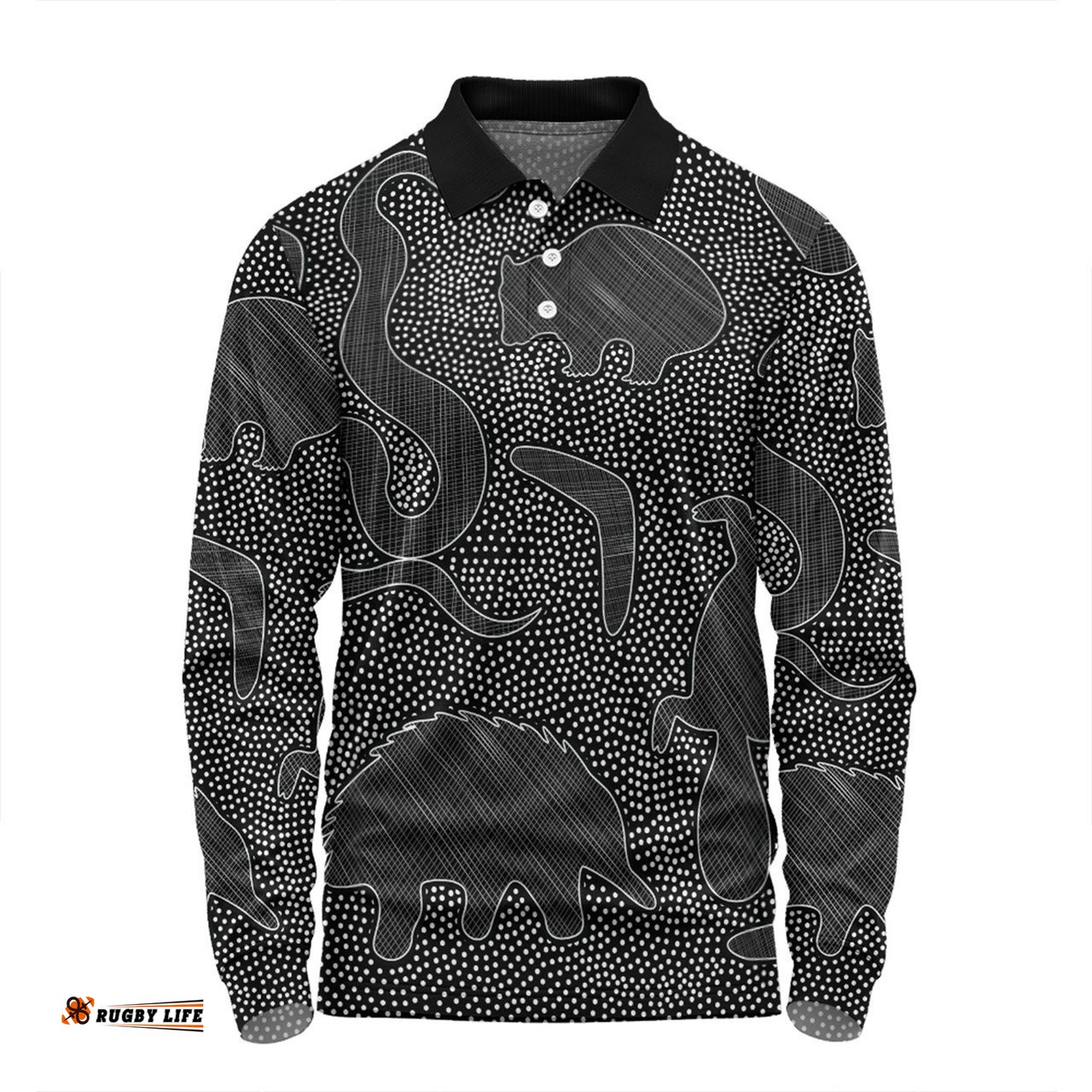 Australia Dot Painting Inspired Aboriginal Long Sleeve Polo Shirt - Aboriginal Dot Grey Art With Animals Long Sleeve Polo Shirt