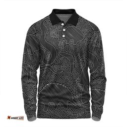 Australia Dot Painting Inspired Aboriginal Long Sleeve Polo Shirt - Aboriginal Dot Grey Art With Animals Long Sleeve Polo Shirt