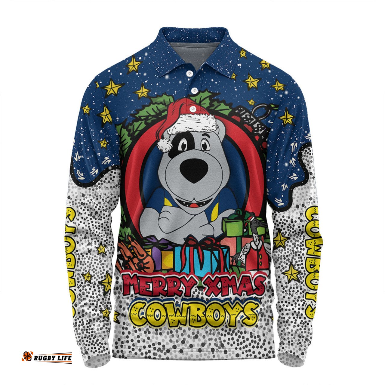North Queensland Cowboys Christmas Custom Long Sleeve Polo Shirt - Merry Christmas Our Beloved Team With Aboriginal Dot Art Pattern Long Sleeve Polo Shirt