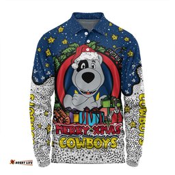 North Queensland Cowboys Christmas Custom Long Sleeve Polo Shirt - Merry Christmas Our Beloved Team With Aboriginal Dot Art Pattern Long Sleeve Polo Shirt
