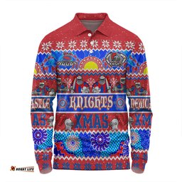 Newcastle Knights Christmas Aboriginal Custom Long Sleeve Polo Shirt - Indigenous Knitted Ugly Xmas Style Long Sleeve Polo Shirt
