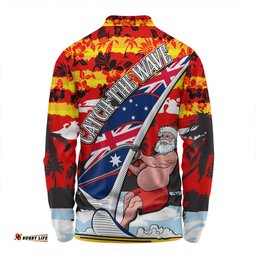 Australia Surfing Christmas Long Sleeve Polo Shirt - Tropical Santa Catch The Wave Long Sleeve Polo Shirt