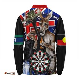 Australia Sport Darts Custom Long Sleeve Polo Shirt - Dart Board And Australia Flag Patterns With Kangaroo Drinking Art Long Sleeve Polo Shirt