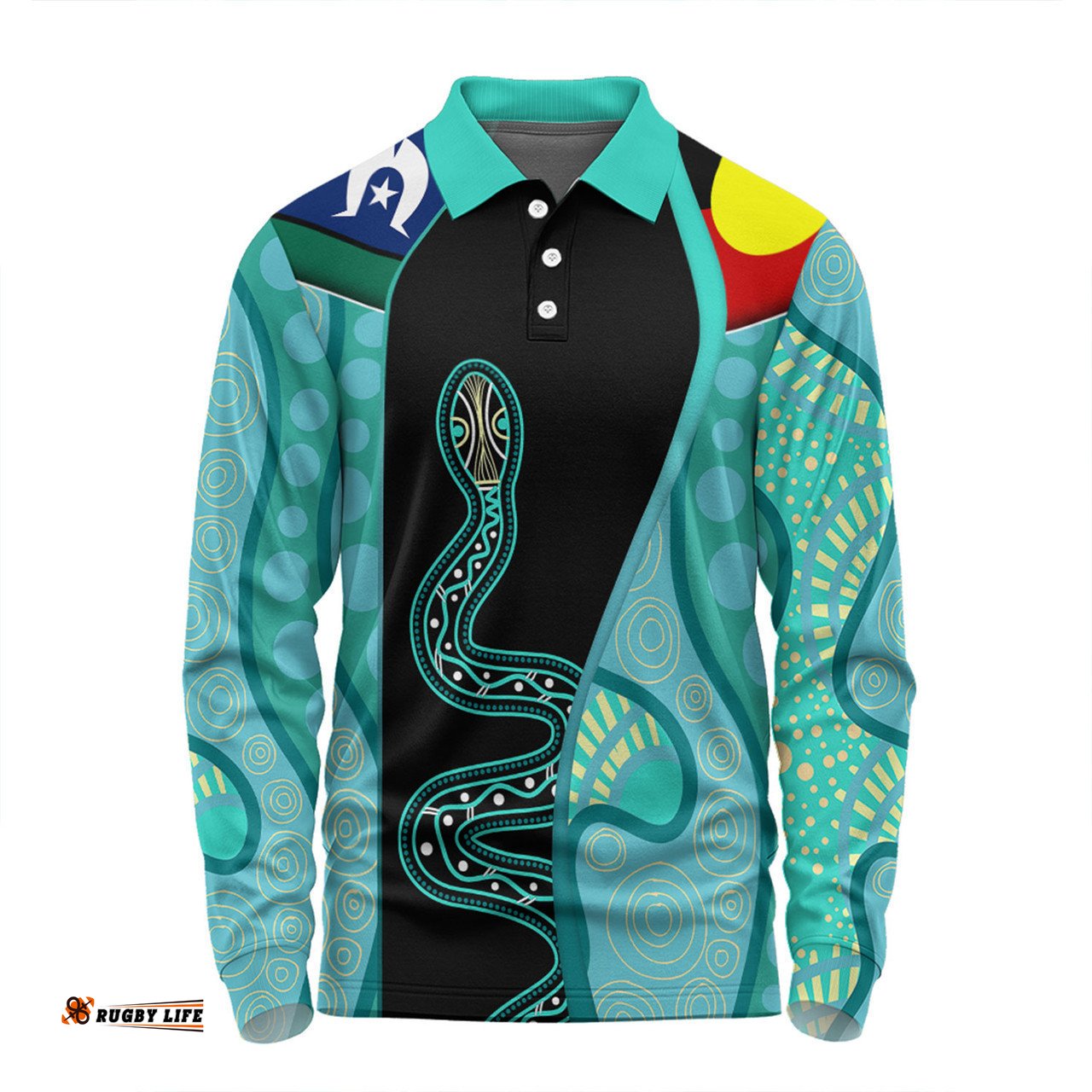 Australia Aboriginal Custom Long Sleeve Polo Shirt - Turquoise Indigenous Rainbow Serpent Inspired Long Sleeve Polo Shirt