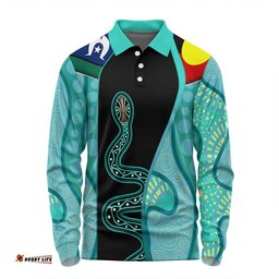 Australia Aboriginal Custom Long Sleeve Polo Shirt - Turquoise Indigenous Rainbow Serpent Inspired Long Sleeve Polo Shirt