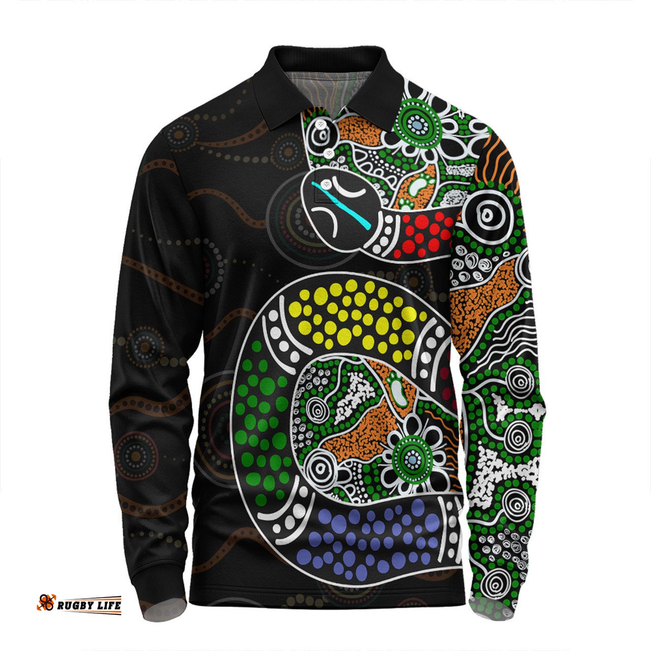 Australia Rainbow Serpent Aboriginal Long Sleeve Polo Shirt - Dreamtime Rainbow Serpent Contemporary Style Long Sleeve Polo Shirt