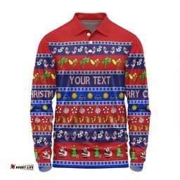 Australia Christmas Custom Long Sleeve Polo Shirt - Aussie Christmas Flamingo Summer Vibes Blue Long Sleeve Polo Shirt