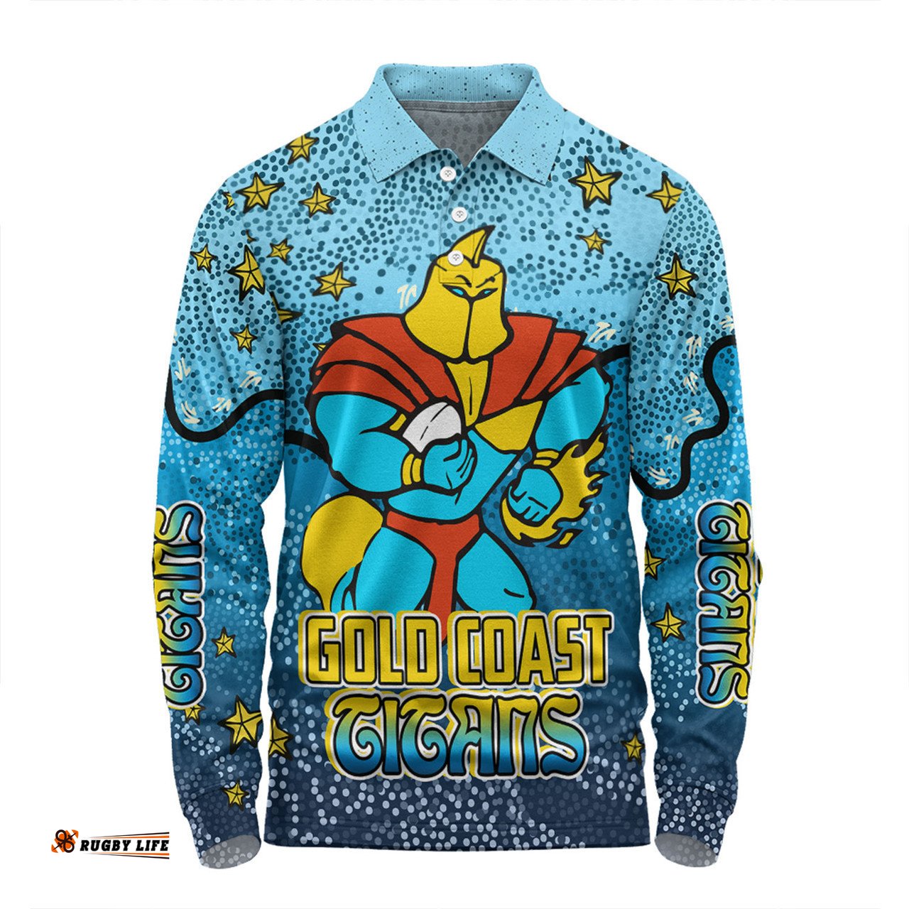 Gold Coast Titans Custom Long Sleeve Polo Shirt - Team With Dot And Star Patterns For Tough Fan Long Sleeve Polo Shirt