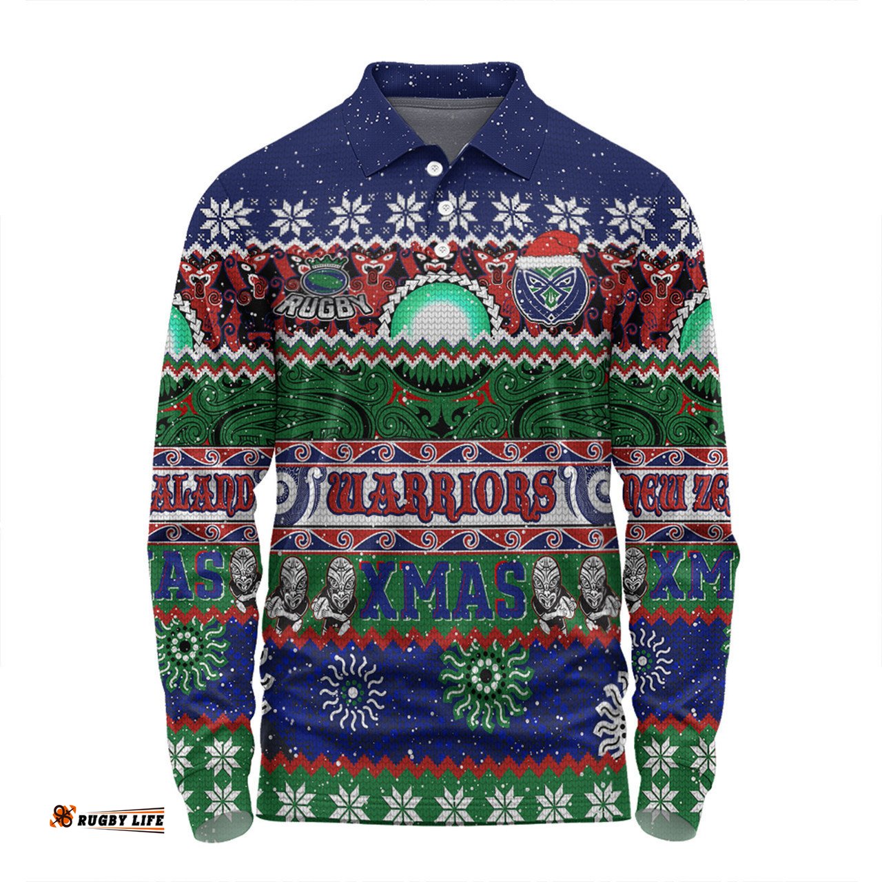 New Zealand Warriors Christmas Maori Custom Long Sleeve Polo Shirt - Indigenous Knitted Ugly Xmas Style Long Sleeve Polo Shirt