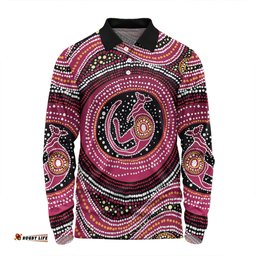 Australia Aboriginal Long Sleeve Polo Shirt - Aboriginal Background Featuring Kangaroo Dot Design Long Sleeve Polo Shirt