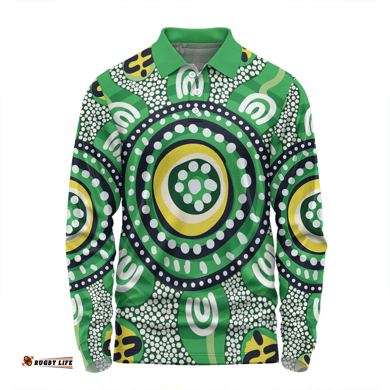 Australia Dot Painting Inspired Aboriginal Long Sleeve Polo Shirt - Green Aboriginal Inspired Dot Art Long Sleeve Polo Shirt