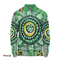 Australia Dot Painting Inspired Aboriginal Long Sleeve Polo Shirt - Green Aboriginal Inspired Dot Art Long Sleeve Polo Shirt