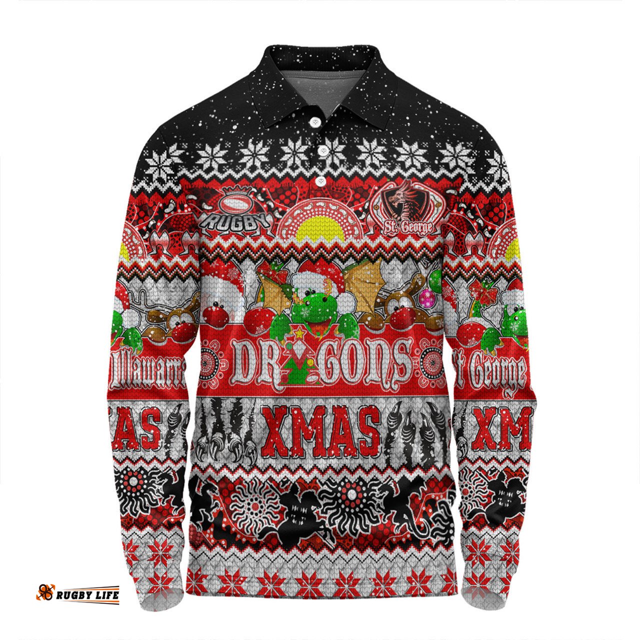 St. George Illawarra Dragons Christmas Aboriginal Custom Long Sleeve Polo Shirt - Indigenous Knitted Ugly Xmas Style Long Sleeve Polo Shirt