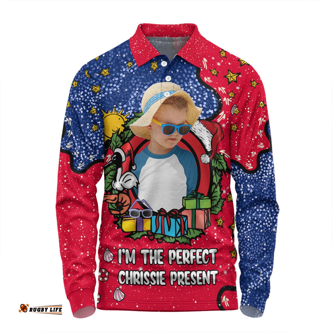 Australia Christmas Custom Long Sleeve Polo Shirt - I'm the Perfect Present Blue Long Sleeve Polo Shirt