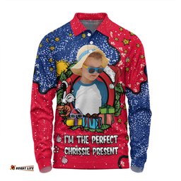 Australia Christmas Custom Long Sleeve Polo Shirt - I'm the Perfect Present Blue Long Sleeve Polo Shirt
