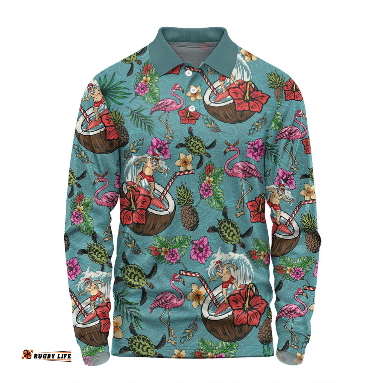 Australia Christmas Surfing Long Sleeve Polo Shirt - Funny Santa Surfing Colorful Seamless Pattern Long Sleeve Polo Shirt