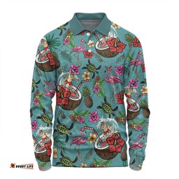 Australia Christmas Surfing Long Sleeve Polo Shirt - Funny Santa Surfing Colorful Seamless Pattern Long Sleeve Polo Shirt