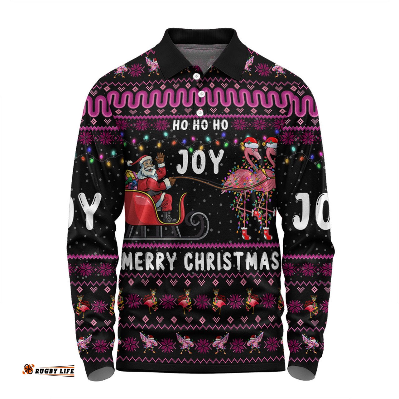 Australia Christmas Custom Long Sleeve Polo Shirt - Aussie Christmas Pink Flamingo Santa Sleigh Long Sleeve Polo Shirt