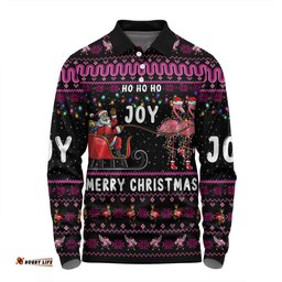 Australia Christmas Custom Long Sleeve Polo Shirt - Aussie Christmas Pink Flamingo Santa Sleigh Long Sleeve Polo Shirt