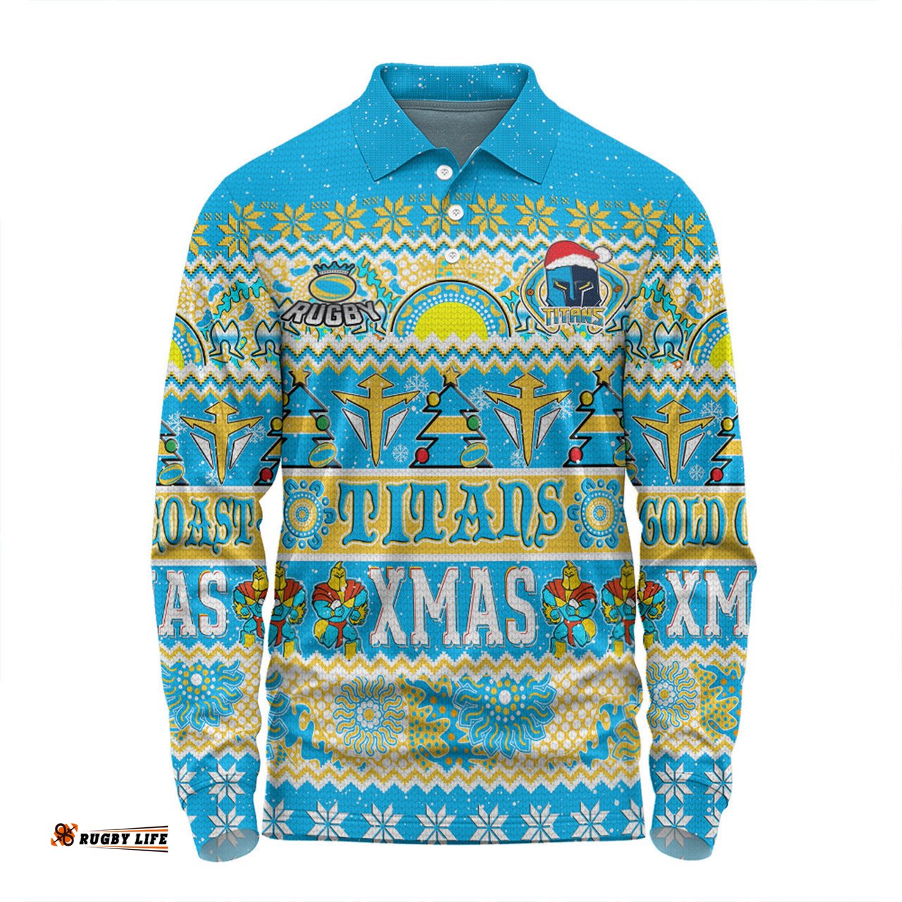 Gold Coast Titans Christmas Aboriginal Custom Long Sleeve Polo Shirt - Indigenous Knitted Ugly Xmas Style Long Sleeve Polo Shirt