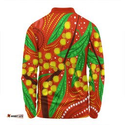 Australia Aboriginal Long Sleeve Polo Shirt - Aboriginal Dot Art Of Australian Yellow Wattle Painting Long Sleeve Polo Shirt