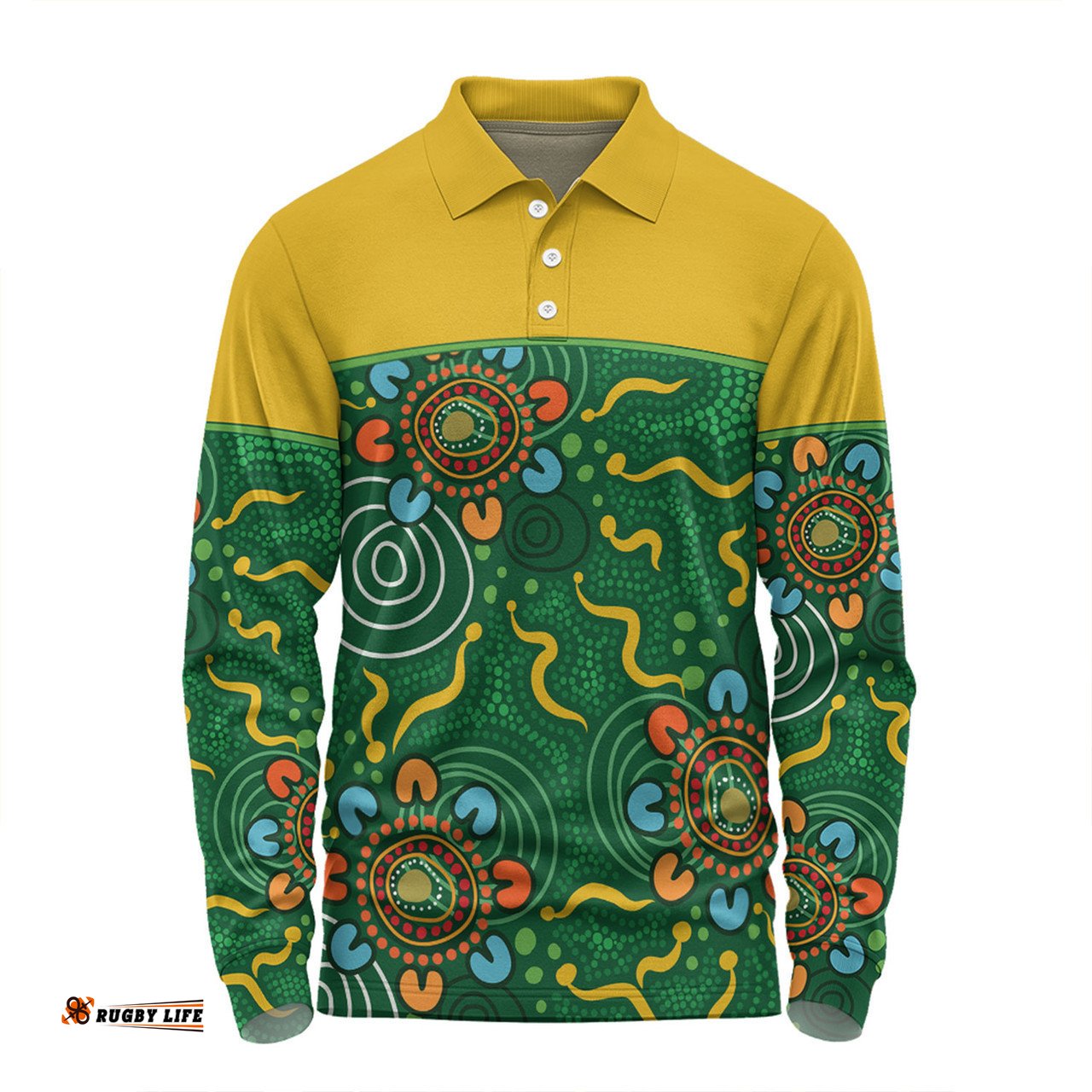 Australia Aboriginal Custom Long Sleeve Polo Shirt - Green Painting With Aboriginal Inspired Dot Long Sleeve Polo Shirt