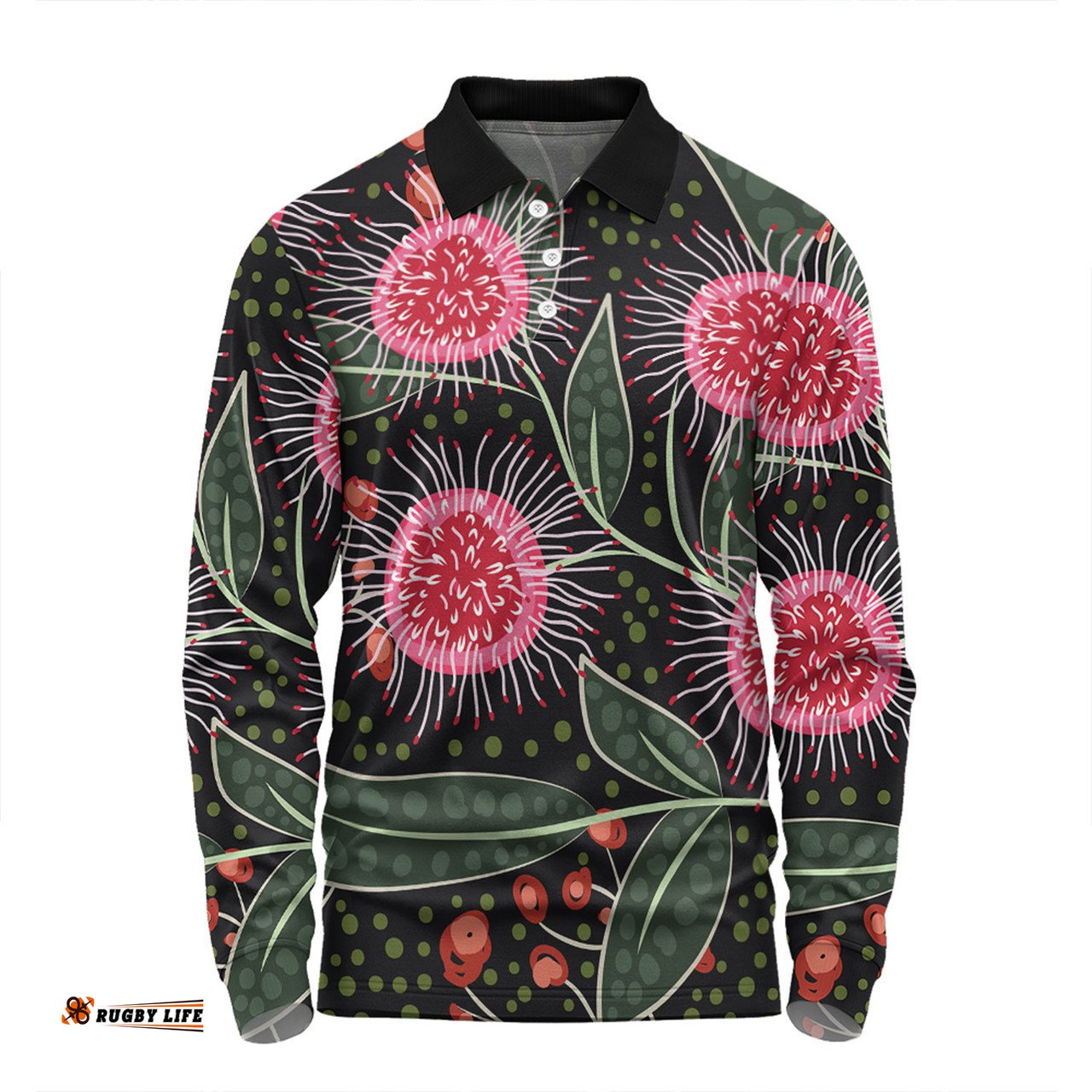 Australia Flowers Aboriginal Long Sleeve Polo Shirt - Aboriginal Style Australian Hakea Flower Long Sleeve Polo Shirt