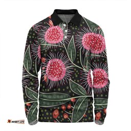 Australia Flowers Aboriginal Long Sleeve Polo Shirt - Aboriginal Style Australian Hakea Flower Long Sleeve Polo Shirt