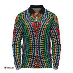 Australia Dot Painting Inspired Aboriginal Long Sleeve Polo Shirt - Dot Color In The Aboriginal Style Long Sleeve Polo Shirt