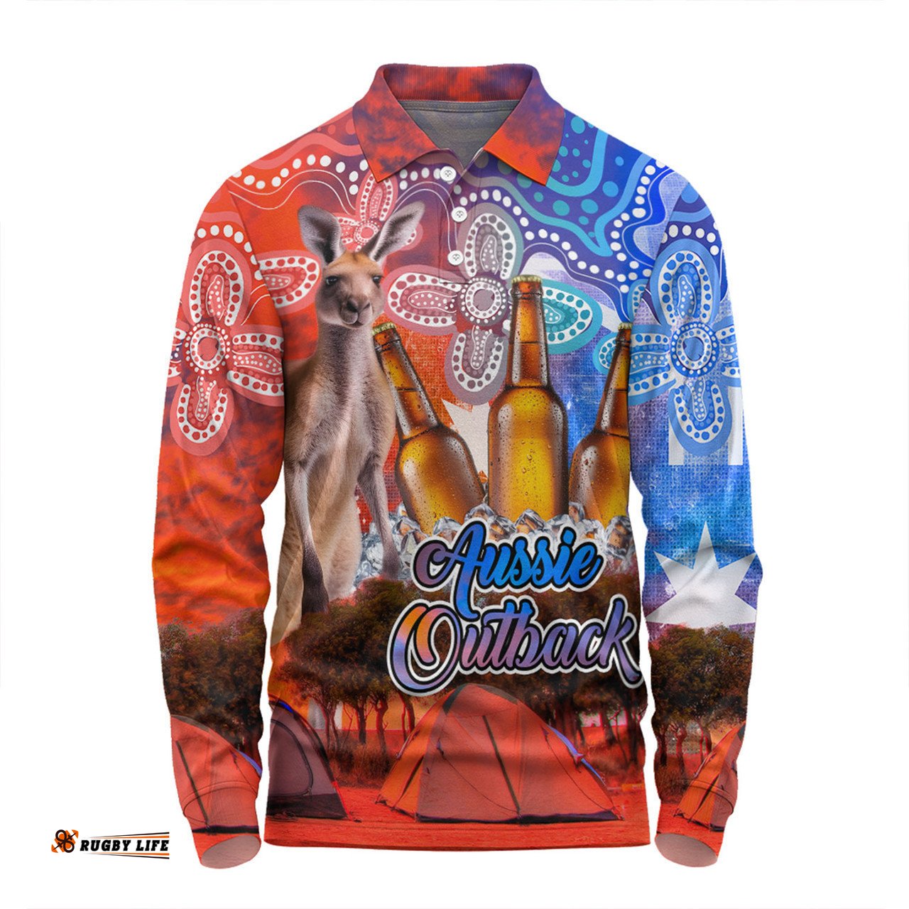 Australia Kangaroo Aboriginal Camping Custom Long Sleeve Polo Shirt - Aussie Outback Camping with Beer Long Sleeve Polo Shirt